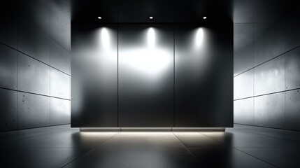 Futuristic dark concrete interior with blank black wall illuminated by spotlights for mockup
