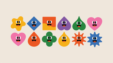 Obraz premium Ten playful cartoon characters in unique colorful shapes with happy and surprised expressions