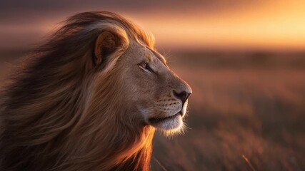 Powerful wildlife portrait of majestic male lion in African savanna. peaceful and serene animal during golden sunset, with his magnificent mane flowing