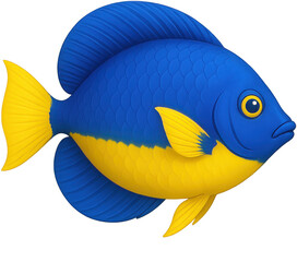 A vibrant blue and yellow fish, swimming in the ocean. The fish is colorful and eye-catching