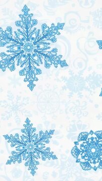 Vertical video: Drifting large blue snowflake motif moving down wall as frames shift for wallpaper