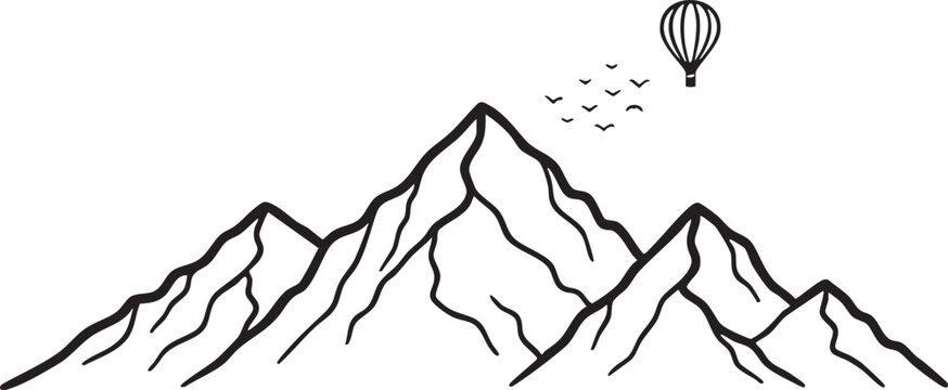 Minimalist mountain range line art illustration with hot air balloon and birds, simple black and white vector design