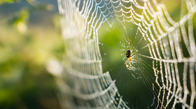 lemuria. A spider mending its intricate web with glistening threads in morning light. wildlife magazines, conservation campaigns, designed for eco-tourism storytelling, used by motion designers.