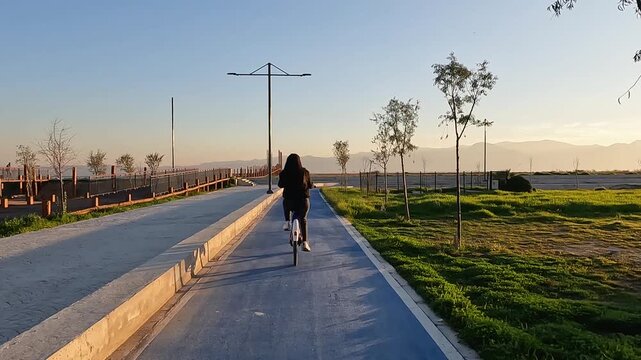 A solitary woman enjoys a peaceful bike ride along a coastal path as the sun sets, casting a warm glow over the landscape and distant mountains