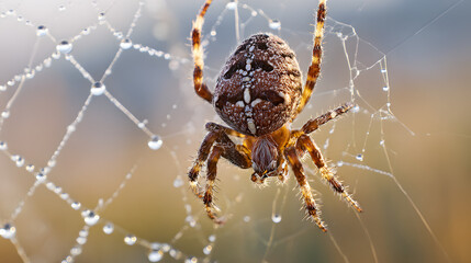 lemuria. A spider mending its intricate web with glistening threads in morning light. wildlife magazines, conservation campaigns, designed for eco-tourism storytelling, used by motion designers.
