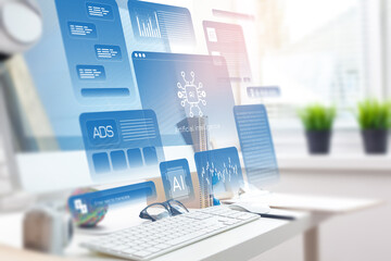 Computer screen displays data on artificial intelligence and analytics software in a workspace