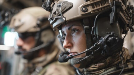 Obraz premium Technicians fitting advanced helmets with integrated communication systems ensuring safety and clear coordination.