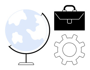 Global trade, business solutions, career growth, technology innovation, entrepreneurship, corporate strategy. Globe, briefcase and gear in minimalist style. Global trade and business solutions