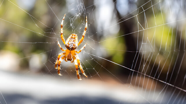 lemuria. A spider mending its intricate web with glistening threads in morning light. wildlife magazines, conservation campaigns, designed for eco-tourism storytelling, used by motion designers.