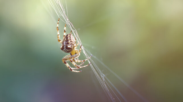 lemuria. A spider mending its intricate web with glistening threads in morning light. wildlife magazines, conservation campaigns, designed for eco-tourism storytelling, used by motion designers.