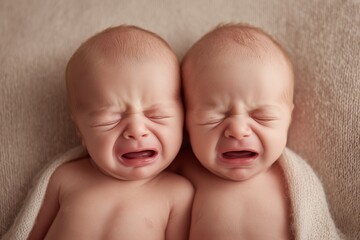 Two crying newborn babies lying close together.