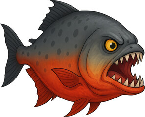 A fearsome piranha with sharp teeth, its mouth open in a menacing expression. Its body exhibits a striking mix of colors, conveying its dangerous nature