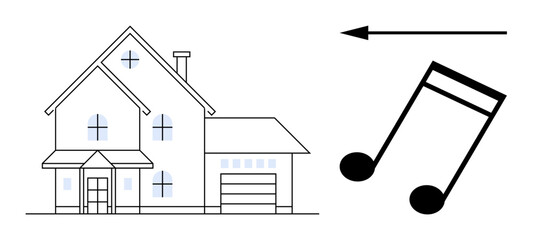 Fototapeta premium Music concept. A modern house design integrated with a musical note and directional arrow. Music creativity and inspiration. For music production, architecture, lifestyle, promotions, education