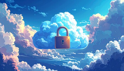 Stylized clouds float in a blue sky with a central padlock symbolizing security and data protection