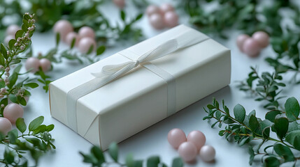 A decorative box on a white background with soft pastel light and greenery around it. A clean, minimalist style, a congratulatory presentation, a gift, or a presentable package.