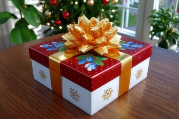 Christmas gifts with gold ribbon. Generative AI