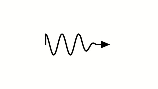Wave propagation icon with decreasing amplitude and arrow indicating direction of travel, simple black line art on white background