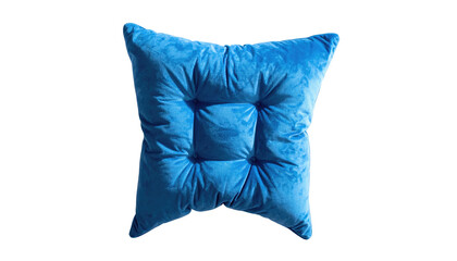 A vibrant, square-shaped, button-tufted blue cushion isolated on a stark black background. Simple and striking