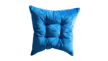 A vibrant, square-shaped, button-tufted blue cushion isolated on a stark black background. Simple and striking