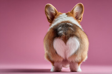 A Welsh Corgi dog stands with its backside showing its fluffy butt in the shape of a heart on a pink background with copy space