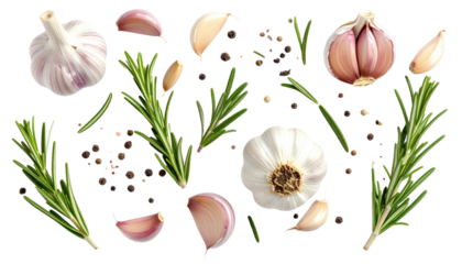 A culinary layout of fresh garlic, rosemary sprigs, and peppercorns against a black backdrop