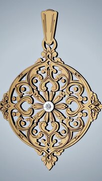 Vertical video: Rotating ornate pendant hanging, revealing bail and central gem on gray backdrop