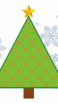 Vertical video: Moving background flakes keeping green tree central on white with star trunk