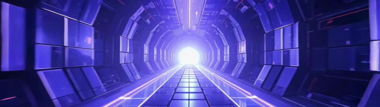 Long futuristic tunnel with glowing purple neon lights and bright light destination.