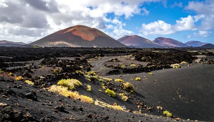 Arid landscape with volcanic cones under a cloudy sky, punctuated by sparse vegetation and a rough trail