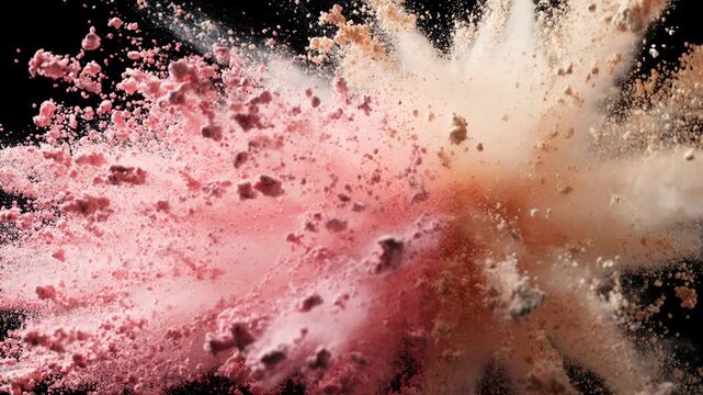 Dynamic explosion of pink and beige cosmetic powder in vibrant, colorful burst. An abstract dust cloud with beautiful texture and energetic motion on black background