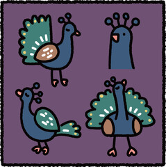 Cute Hand-Drawn Peacock Sticker Set with Multiple Poses and Elegant Tail Display – Adorable Cartoon Bird Illustration