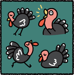 Cute Hand-Drawn Turkey Sticker Set with Multiple Poses – Adorable Cartoon Farm Bird Illustration