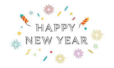 Happy new year celebration with colorful fireworks, confetti, and festive elements