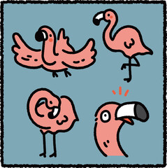 Cute Hand-Drawn Flamingo Sticker Set with Elegant and Playful Poses – Adorable Pink Cartoon Bird Illustration