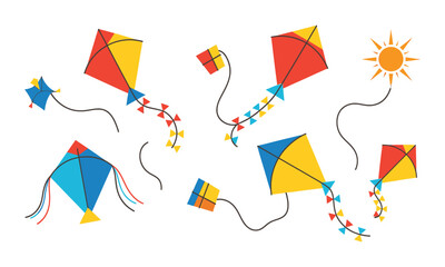 Colorful kites flying high in the bright sky with a cheerful sun illustration