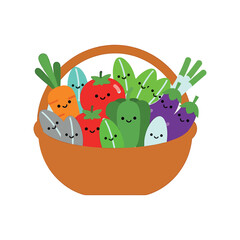 A delightful basket overflowing with fresh and adorable cartoon vegetables, full of joy