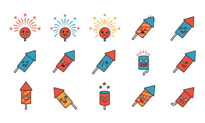 Vibrant collection of cartoon firework icons displaying diverse emotions for celebration