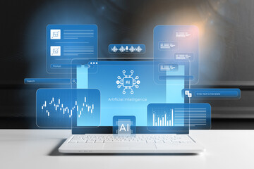 Exploring artificial intelligence on a laptop with data graphs and sound waves displayed
