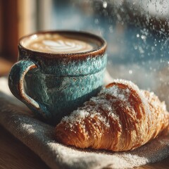 Minimalist breakfast scene by a bright cafe window. Generative AI