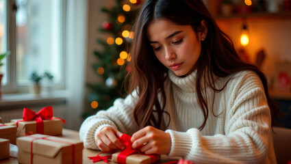 Wrapping all the Christmas presents and making sure you don't forget anyone requires concentration: Young woman wrapping Christmas gifts at home with festive decor  