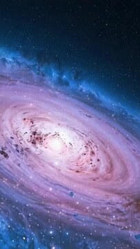 Vertical video: Spinning galaxy during camera zoom in space brightening pink core, shifting arms