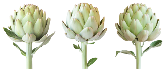 Single fresh green artichoke with detailed texture isolated on white transparent background.