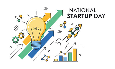 National startup day concept with innovative ideas, growth, and rocket launch