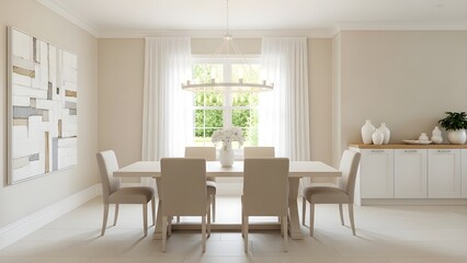 Fototapeta premium Minimal white dining room interior with soft light and clean aesthetic