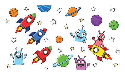 A vibrant cartoon illustration featuring friendly alien creatures and rockets exploring a playful outer space