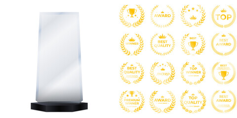 Shining crystal winner trophy with reflective edges, first-place gold-style emblem, and laurel...
