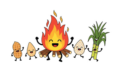 Joyful bonfire celebration with happy crops like peanut, sesame, and sugarcane