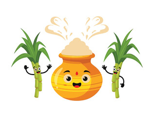 Happy harvest festival celebration with a cheerful pongal pot and waving sugarcanes