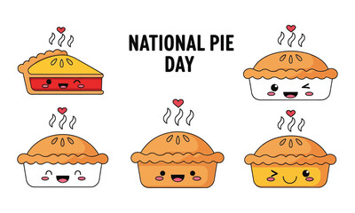 National pie day celebration with adorable kawaii pies and a cheerful slice