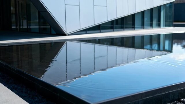Medium shot capturing a serene water feature beside a contemporary structure highlighting reflections and natural tranquility that complement urban design.